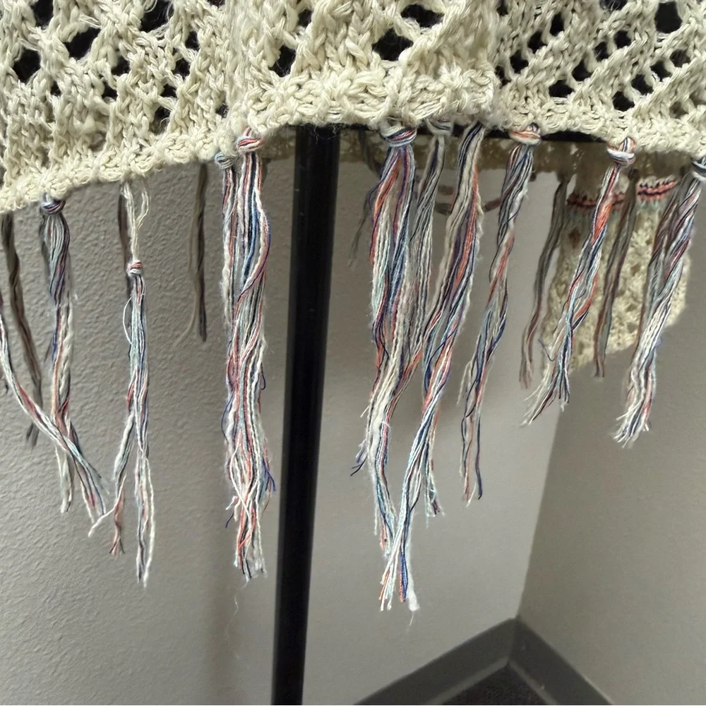 Poof! by Free People Open Knit Fringe Sweater Cream Boho Festival Beach Cover - Picture 4 of 10